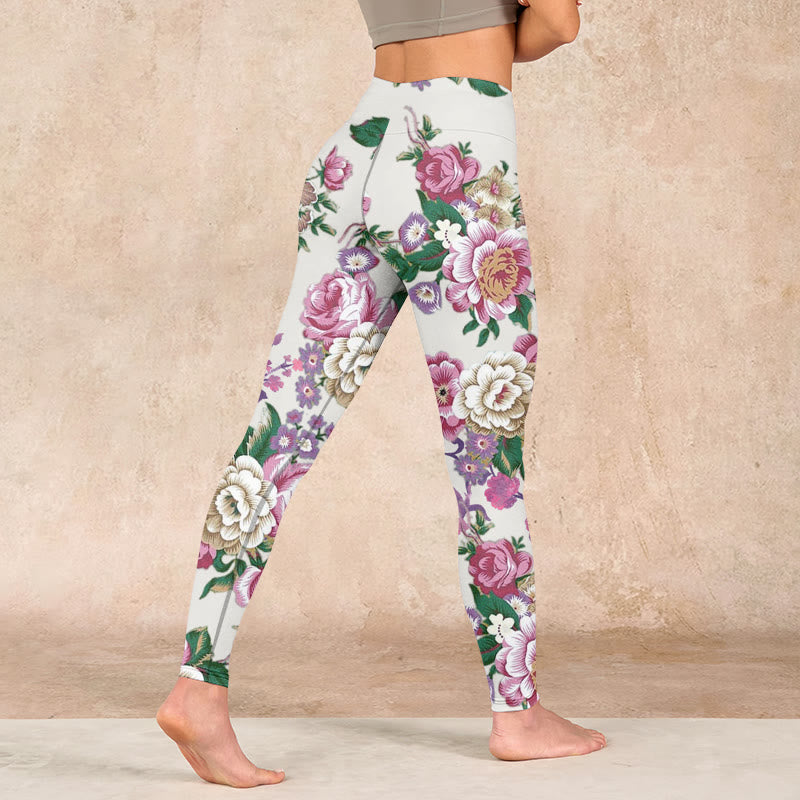 Red White Peony Flower Print Sports Leggings Women's Yoga Pants