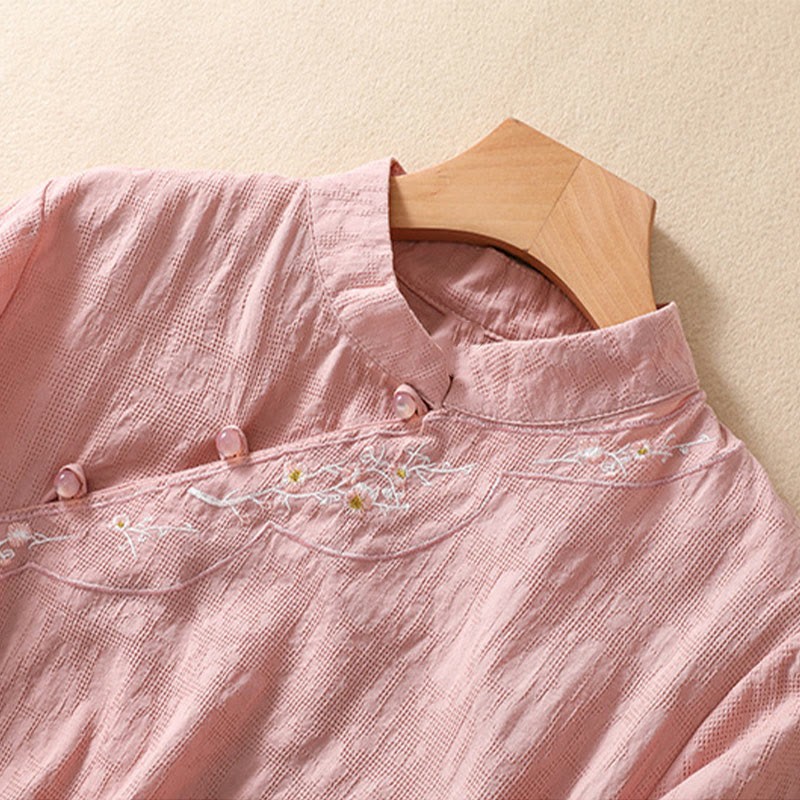 Plum Blossom Embroidery Frog-Button Short Sleeve Cotton Linen Shirt