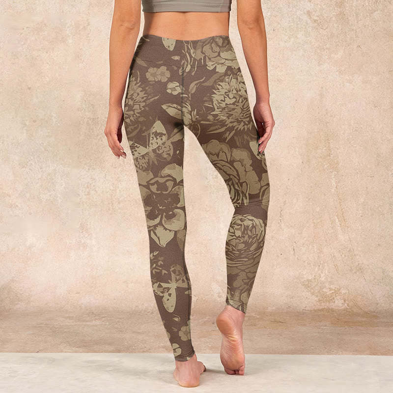 Peony Flowers Leaves Blossom Print Gym Fitness Leggings Women's Yoga Pants