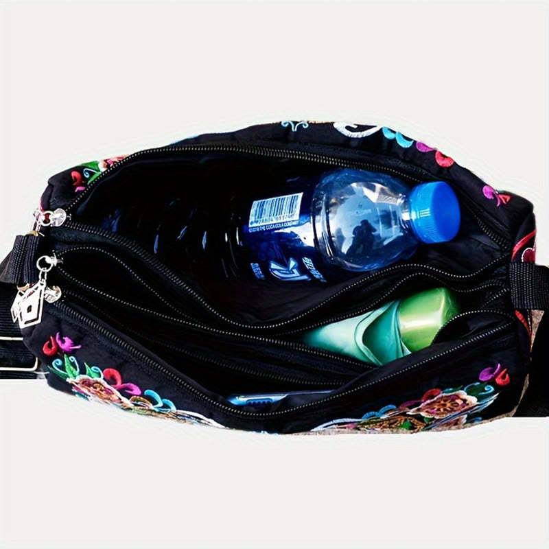 Galsang Inula Flower Peony Peacock Double-Sided Embroidery Canvas Shopping Purse Handbag Crossbody Bag