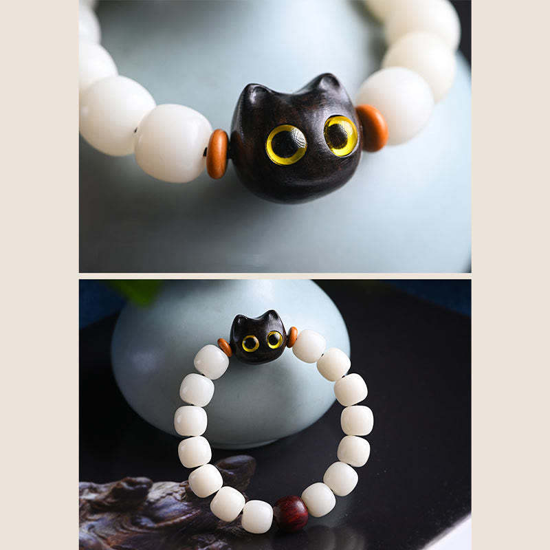 Natural Bodhi Seed Small Leaf Red Sandalwood Ebony Wood Cute Lucky Cat Wisdom Bracelet