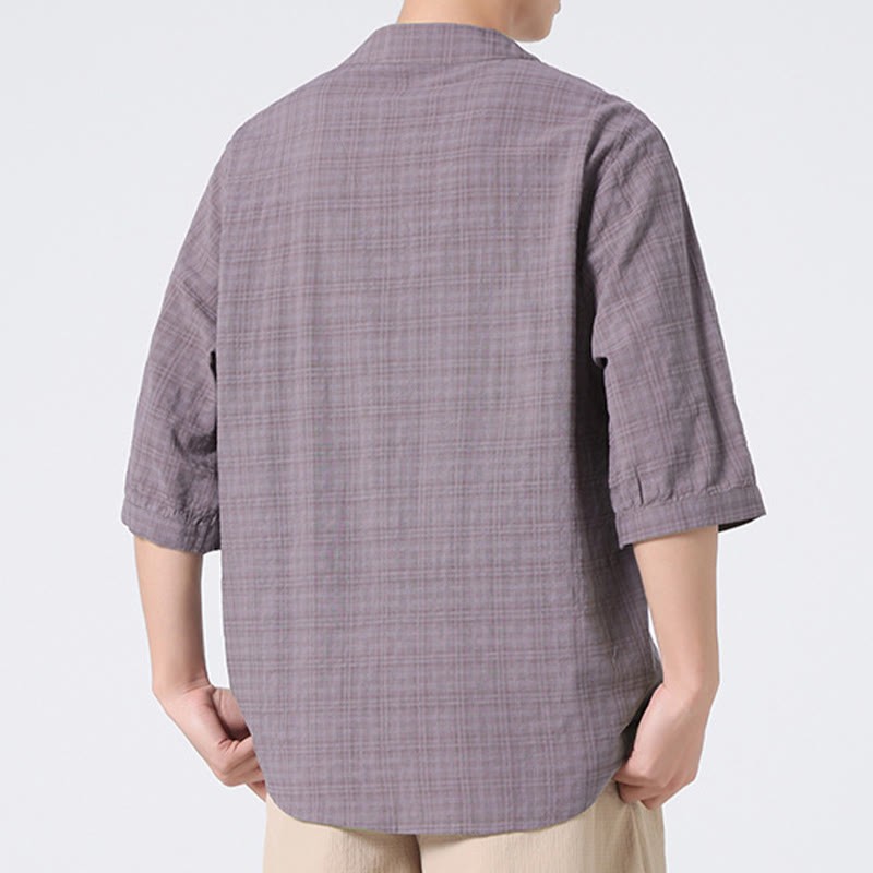 Frog-Button Plaid Pattern Chinese Tang Suit Half Sleeve Shirt Cotton Linen Men Clothing