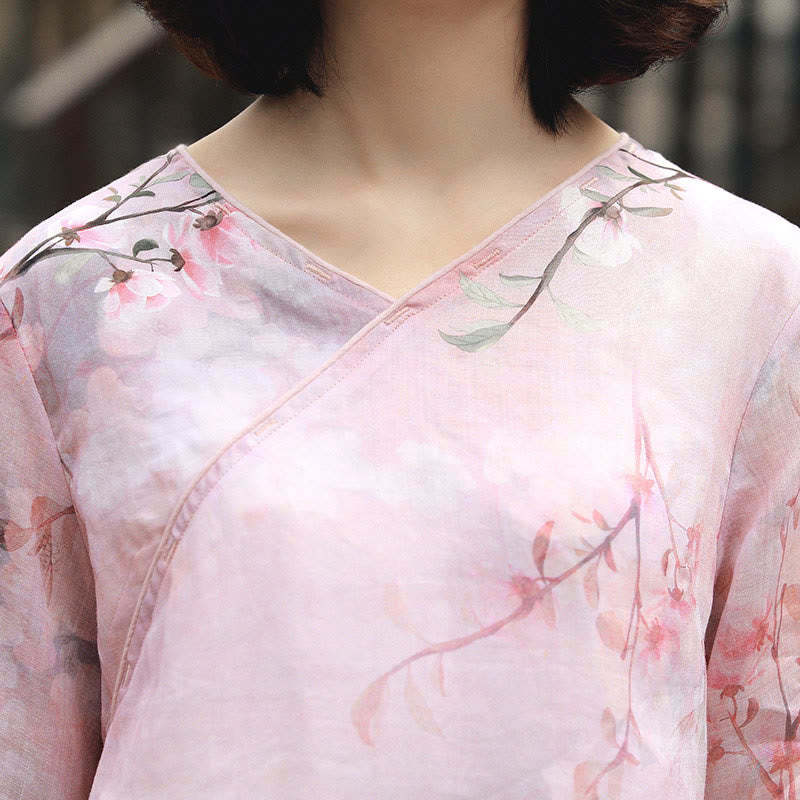 V-Neck Pink Flower Pattern Ramie Linen Blouse Three Quarter Sleeve Shirt Top