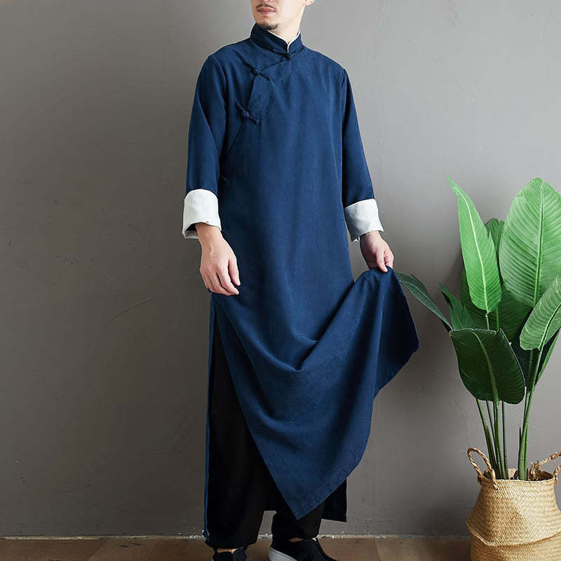 Fall Solid Color Chinese Frog-Button Cotton Men's Tang Suit Robe