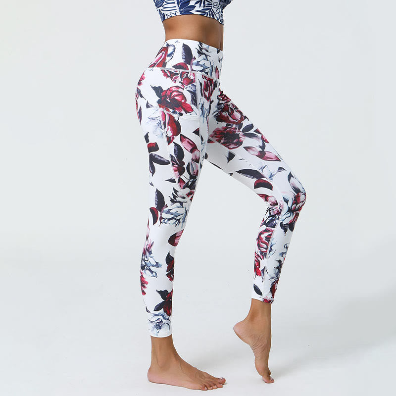 Rose Lines Tiger Leopard Print Sports Fitness High Waist Leggings Women's Yoga Pants With Pockets