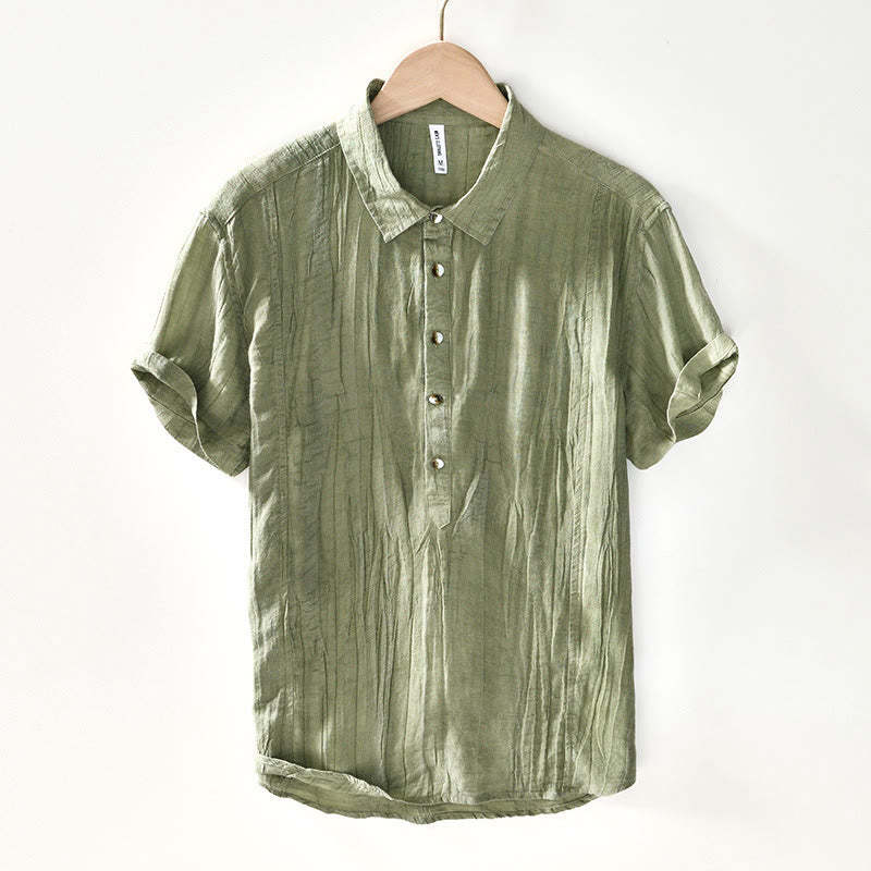 Causal Plain Lapel Ramie Linen Half Button Men's Shirt