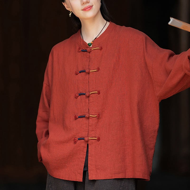 Solid Color Two-color Frog-button Long Sleeve Ramie Linen Women's Shirt