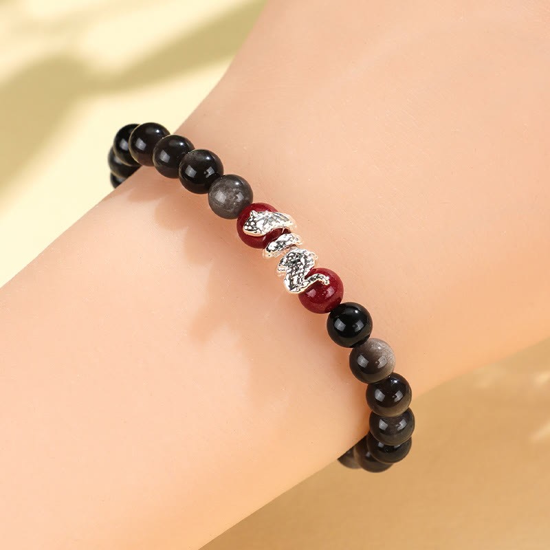 Silver Sheen Obsidian Cinnabar Copper Year of the Snake Protection Bracelet
