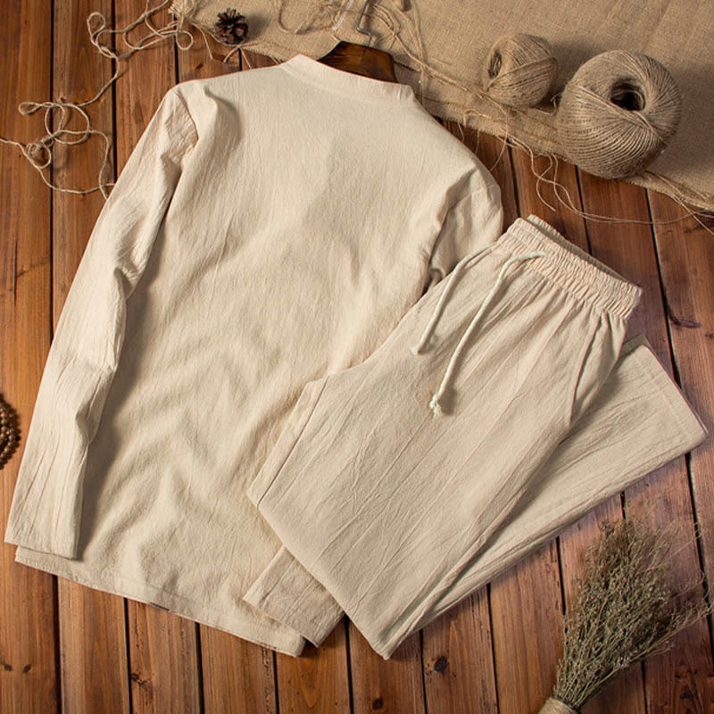 Pure Color Cotton Linen Long Sleeve Top Pants Clothing Men's Set