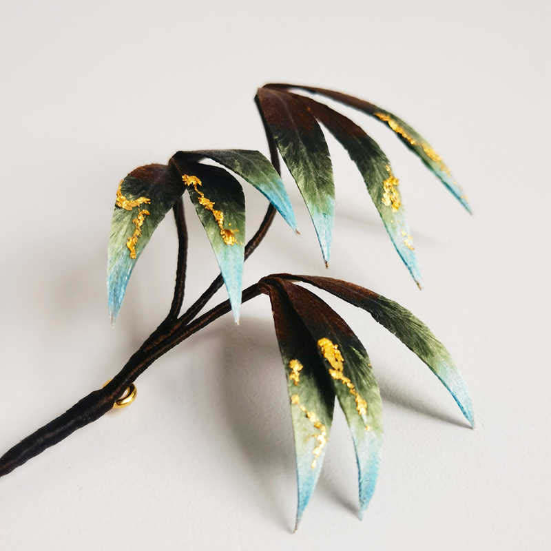 Handmade Velvet Flower Mulberry Silk Green Bamboo Leaves Brooch