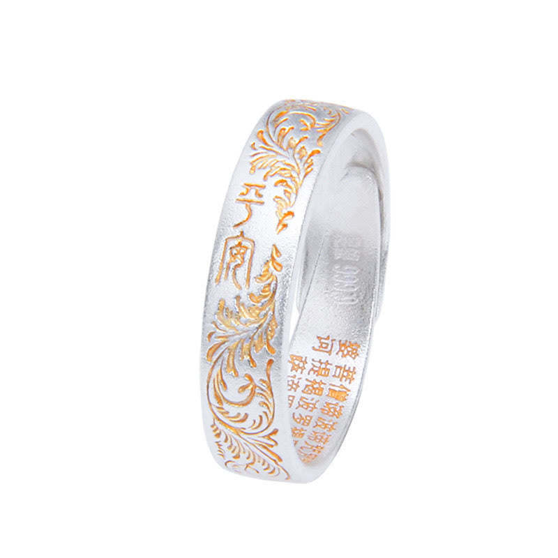 mystic zen Stone 999 Sterling Silver Gold-Painted Joyful Flower Pattern Peaceful Heart Sutra Ring