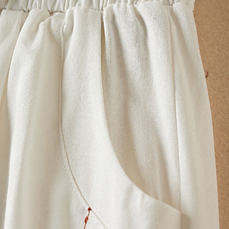Wild Simple Design Embroidery Drawstring Cotton Linen Women's Shorts With Pockets