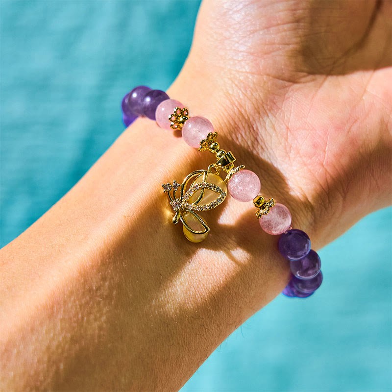Natural Amethyst Strawberry Quartz Crystal Healing Butterfly Charm Bracelet