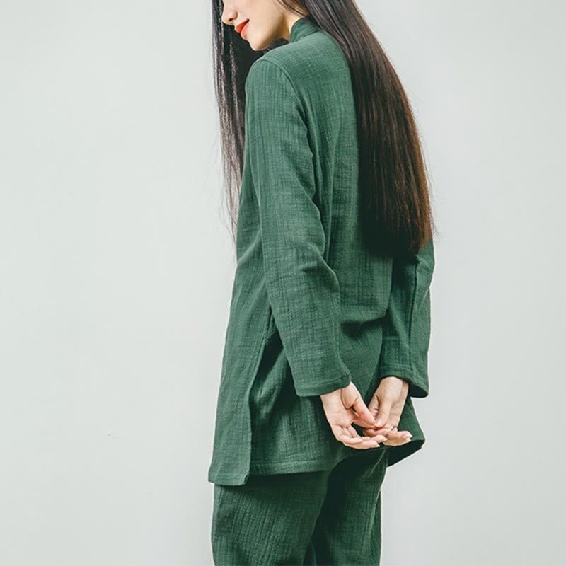 2Pcs Tang Suit Frog-Button Shirt Top Pants Meditation Zen Tai Chi Cotton Linen Clothing Women's Set