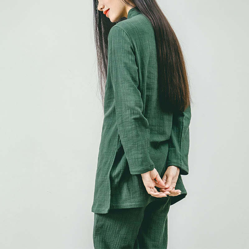 2Pcs Tang Suit Frog-Button Shirt Top Pants Meditation Zen Tai Chi Cotton Linen Clothing Women's Set