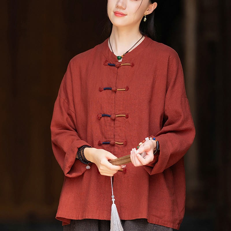 Solid Color Two-color Frog-button Long Sleeve Ramie Linen Women's Shirt
