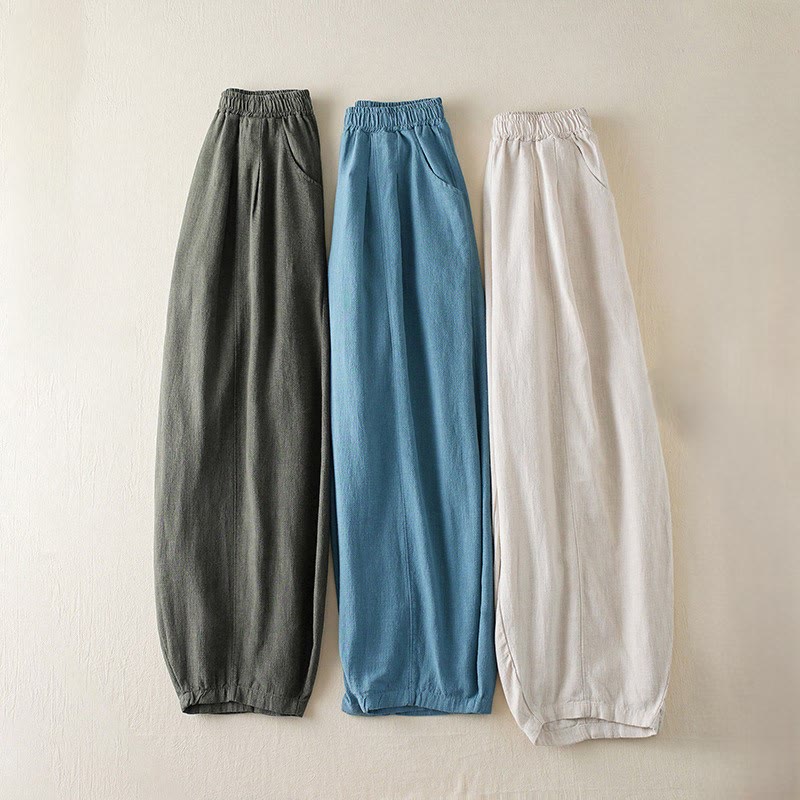 Plain Color Cotton Linen Women's Pants With Pockets