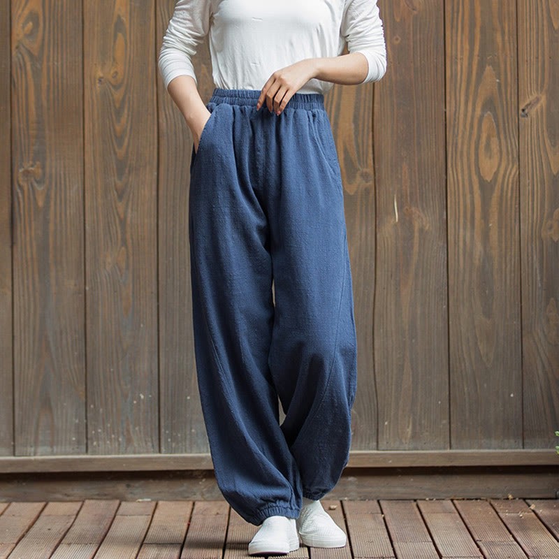 Casual Solid Plain Color Carrot Elastic Waistband Cotton Ramie Women's Pants With Pockets