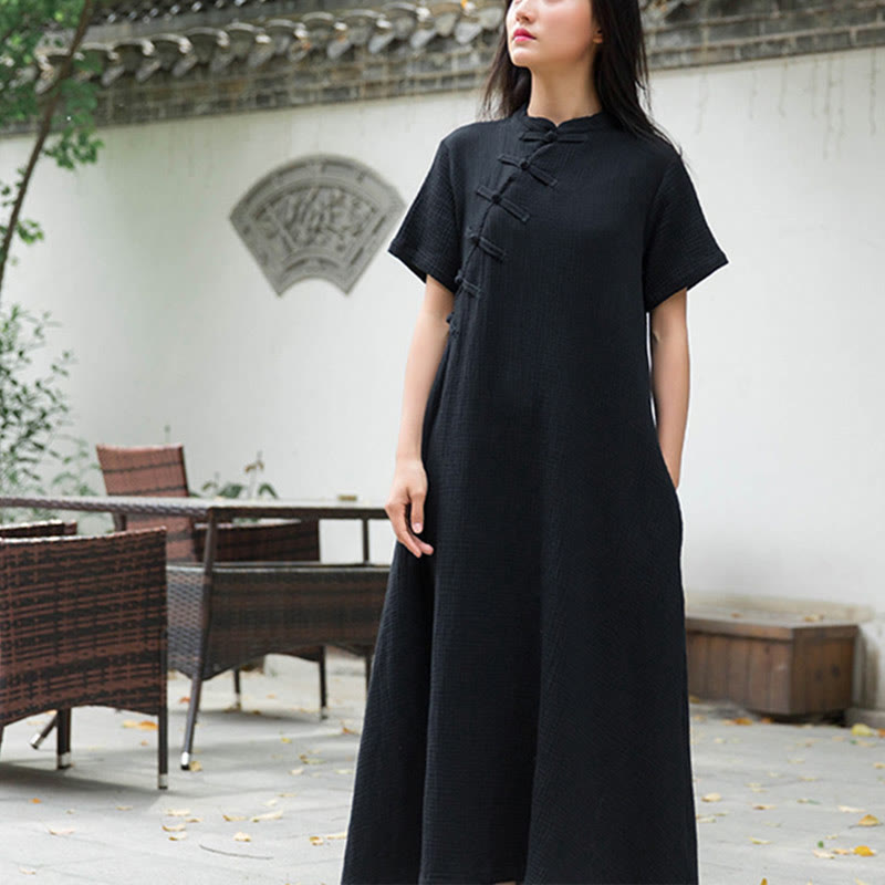 Frog-Button Midi Dress Cotton Linen Short Sleeve Dress With Pockets