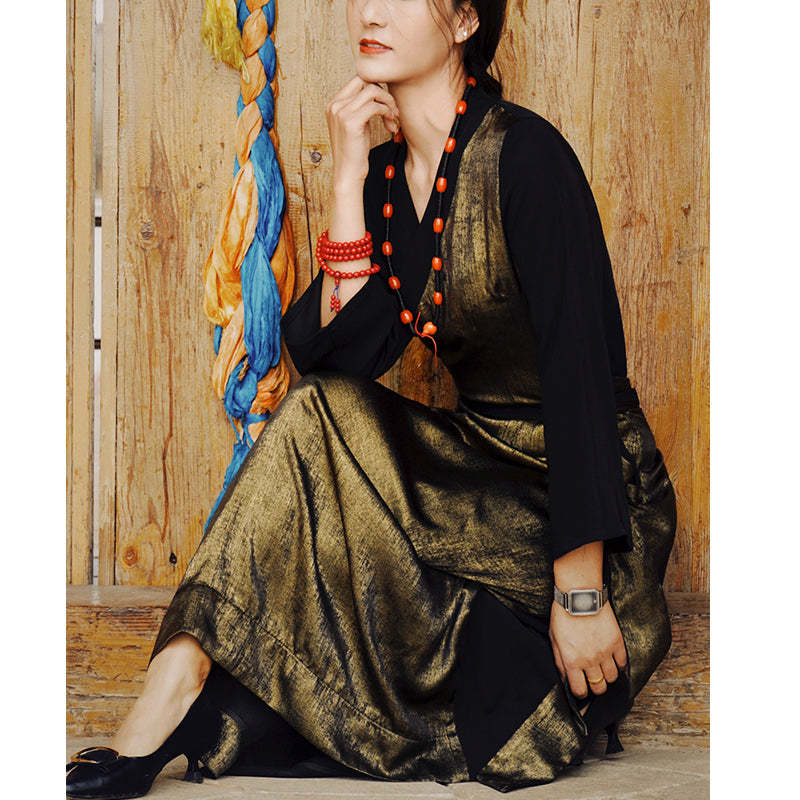 Tibetan Dress Clothing Lhasa Gold Black Long Wrap Dress Maxi Dress Women Clothing