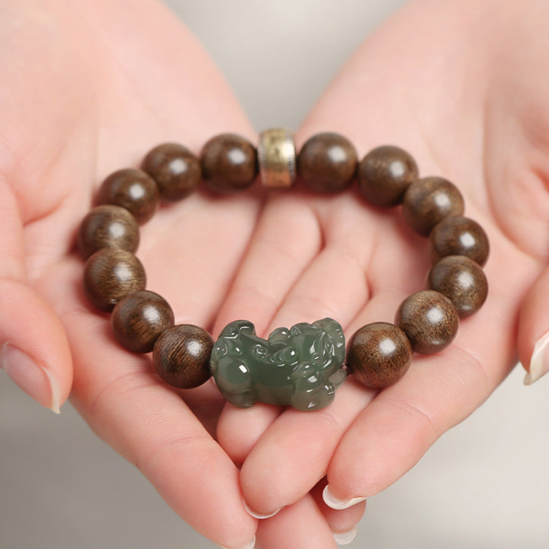925 Sterling Silver Brunei Agarwood PiXiu Jade Peace Strength Bracelet