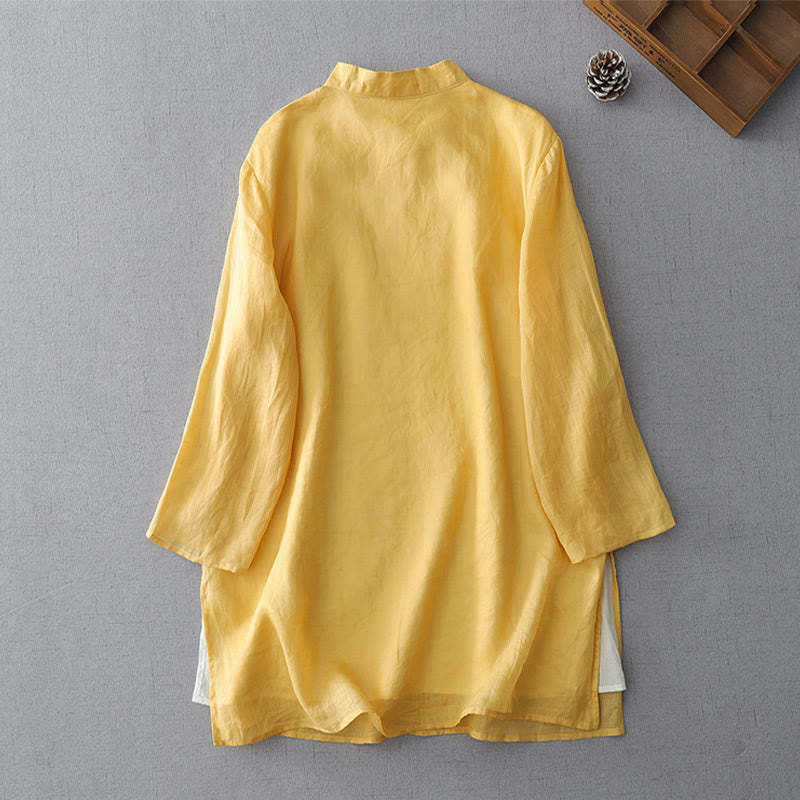 Solid Color Frog-Button Three Quarter Sleeve Double Layer Cotton Linen Shirt