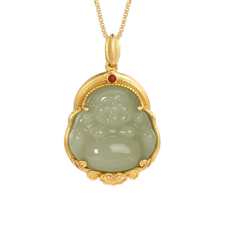 925 Sterling Silver Laughing mystic zen Natural Hetian Jade Luck Prosperity Necklace Pendant