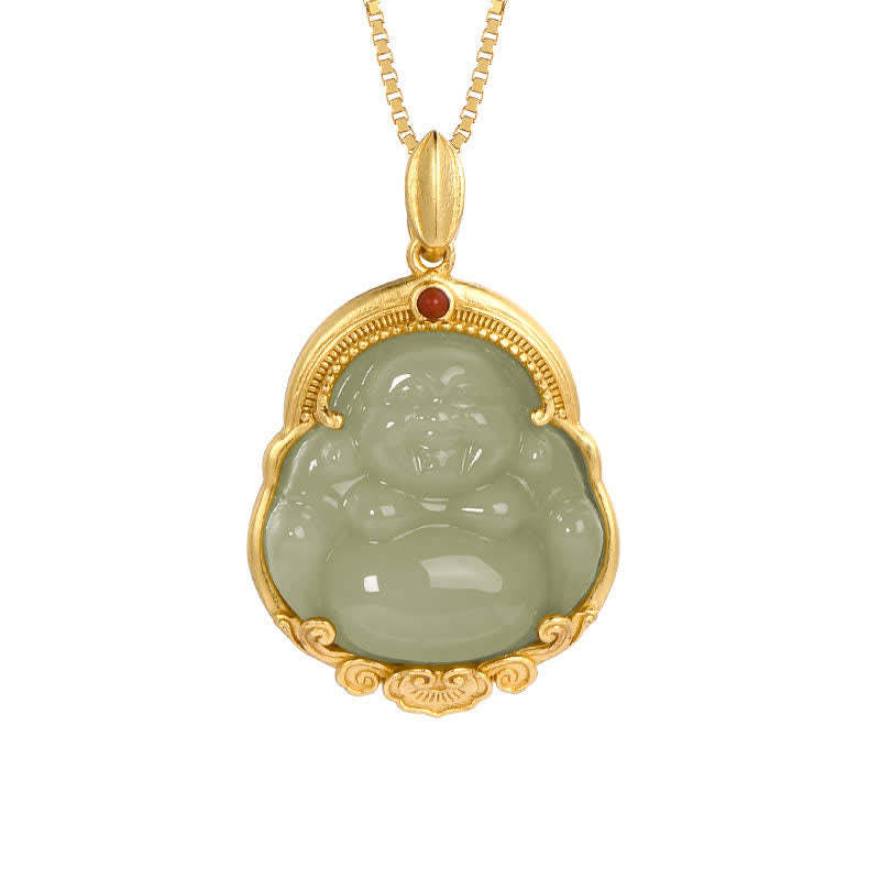 925 Sterling Silver Laughing mystic zen Natural Hetian Jade Luck Prosperity Necklace Pendant