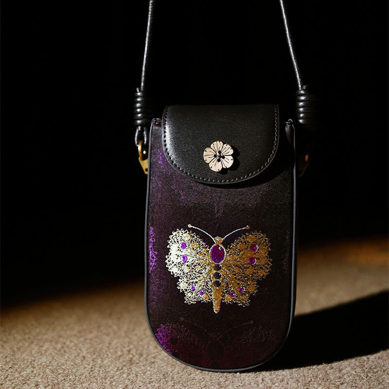 Retro Flower Butterfly Leaves Branches Song Brocade Shoulder Bag Hangbags