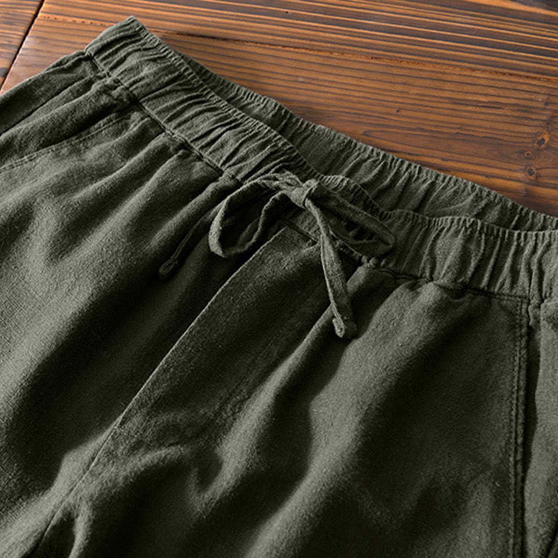 Casual Solid Color Simple Design Drawstring Ramie Linen Men's Pants With Pockets