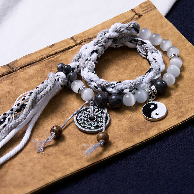 Black Glitter Stone Cat's Eye Yin Yang Mountain Ghosts Spend Money Power Double Layer Rope Bracelet