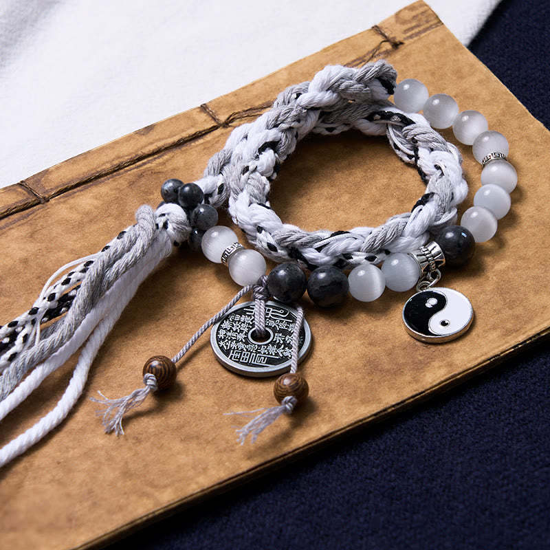 Black Glitter Stone Cat's Eye Yin Yang Mountain Ghosts Spend Money Power Double Layer Rope Bracelet