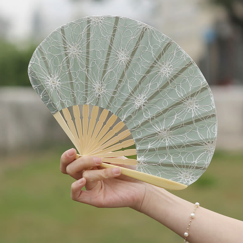Retro Large Flower Embroidery Shell Shape Tassels Handheld Bamboo Folding Fan