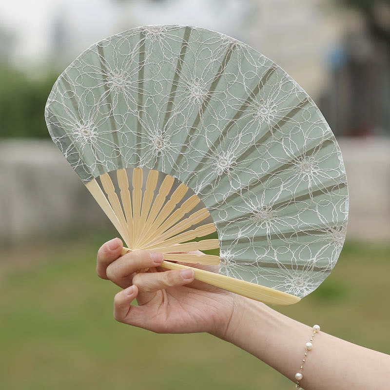 Retro Large Flower Embroidery Shell Shape Tassels Handheld Bamboo Folding Fan
