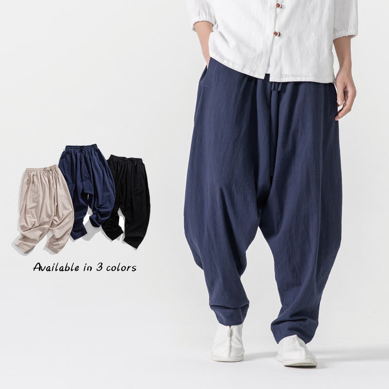 Solid Color Drawstring Men's Harem Pants With PocketsAnkle-Length (9 Length)