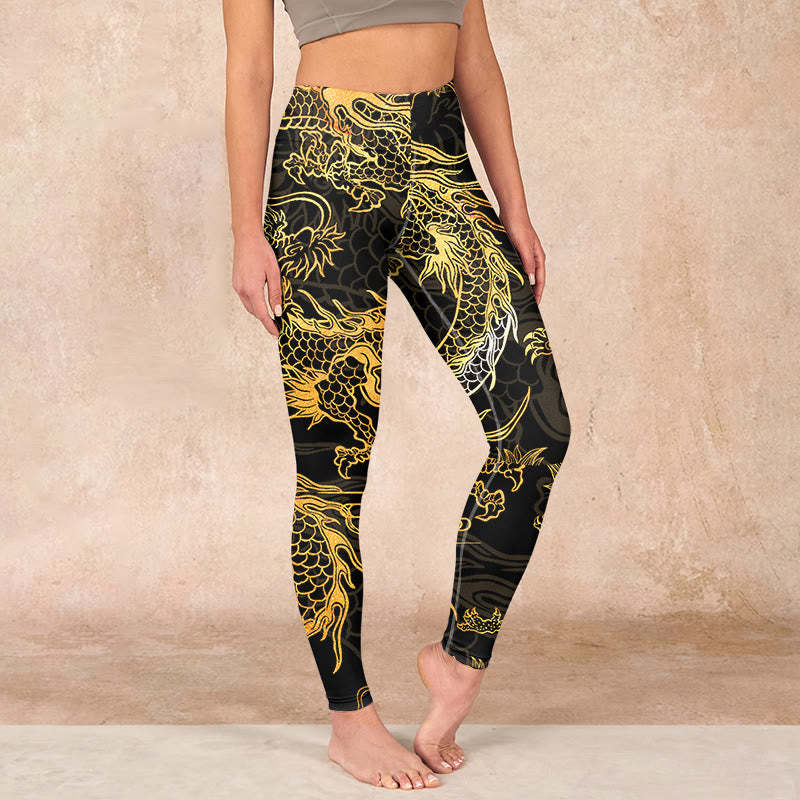 Golden Dragon Print Gym Leggings Women's Yoga Pants