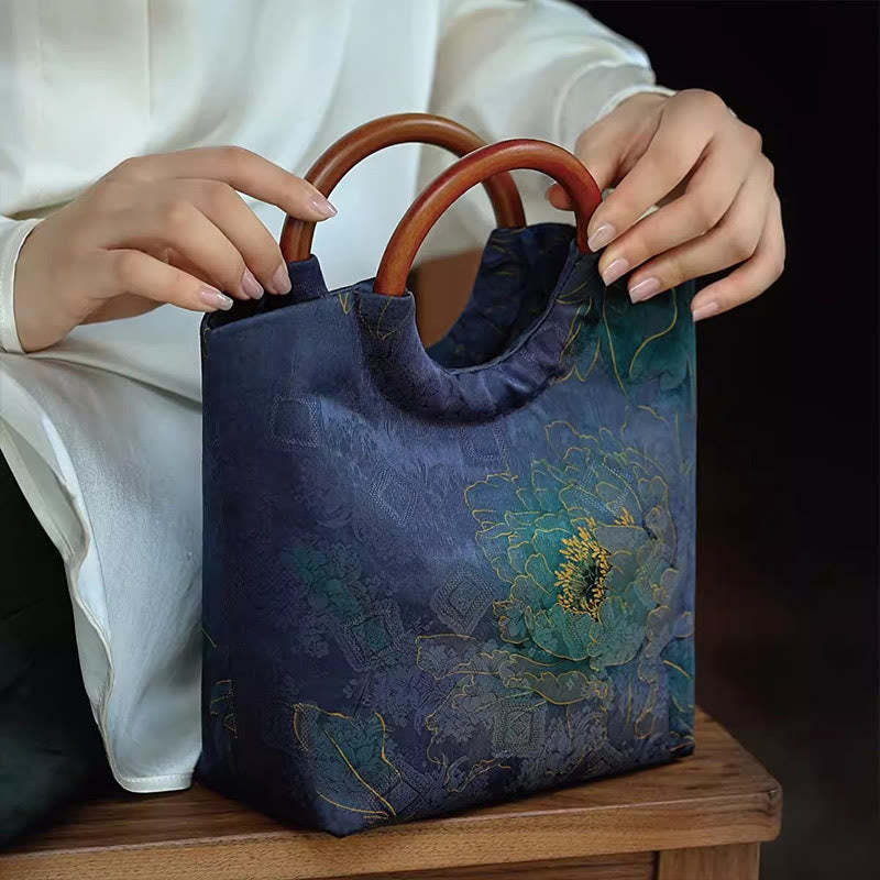 Peony Flower Bamboo Leaves Bird Solid Wood Handle Handbag