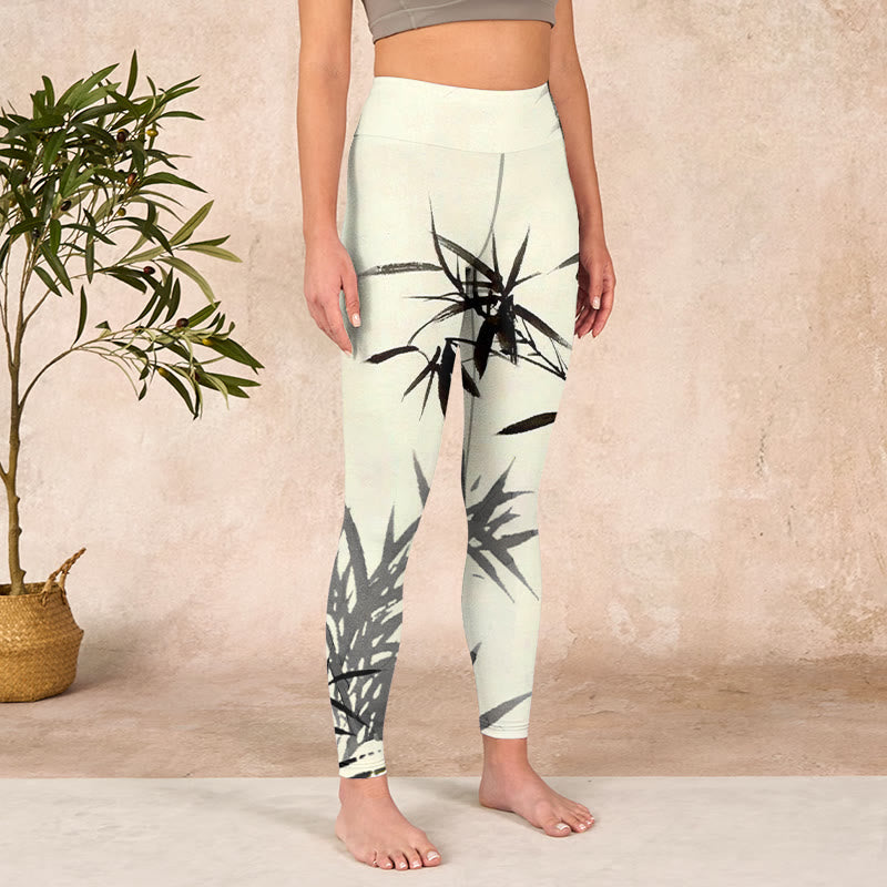 Ink Painting Bamboo Leaves Print Sports Leggings Women's Yoga Pants