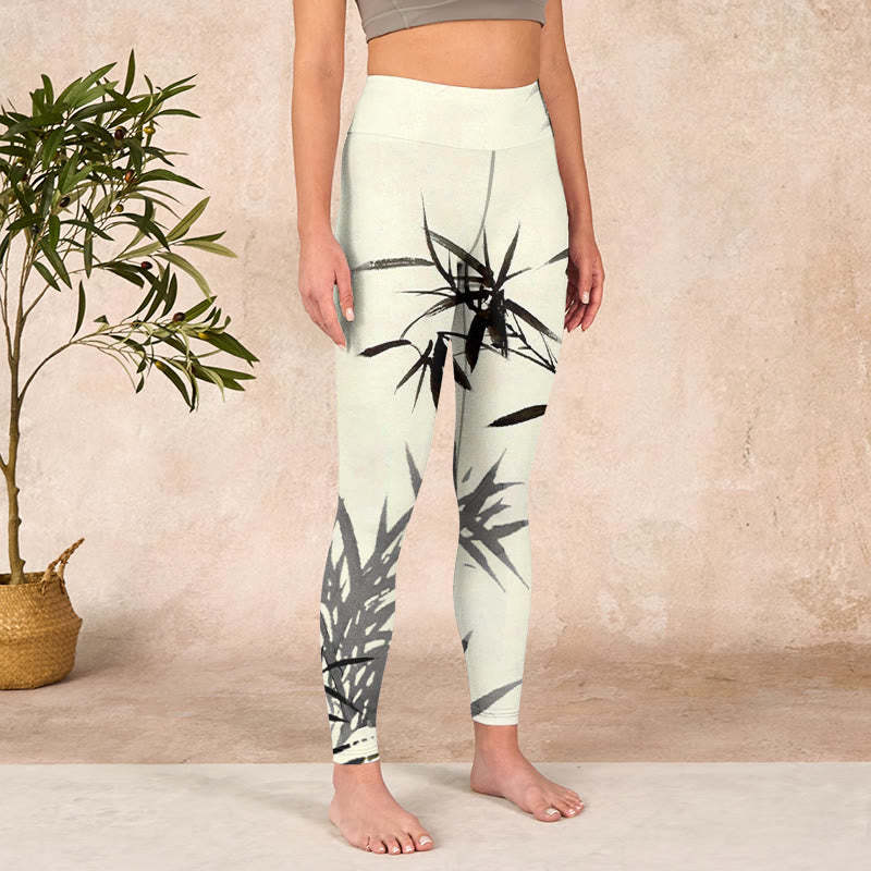 Ink Painting Bamboo Leaves Print Sports Leggings Women's Yoga Pants