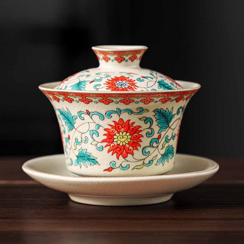 A Panorama of Rivers and Mountains Flowers Ceramic Gaiwan Sancai Teacup Kung Fu Tea Cup And Saucer With Lid