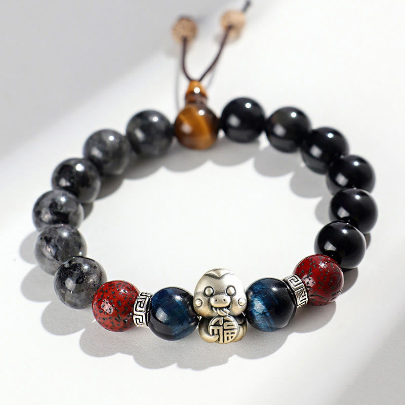 Black Glitter Stone Black Onyx 999 Sterling Silver Fu Character Copper Coin Year Of Snake Protection Bracelet