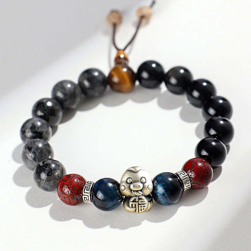 Black Glitter Stone Black Onyx 999 Sterling Silver Fu Character Copper Coin Year Of Snake Protection Bracelet