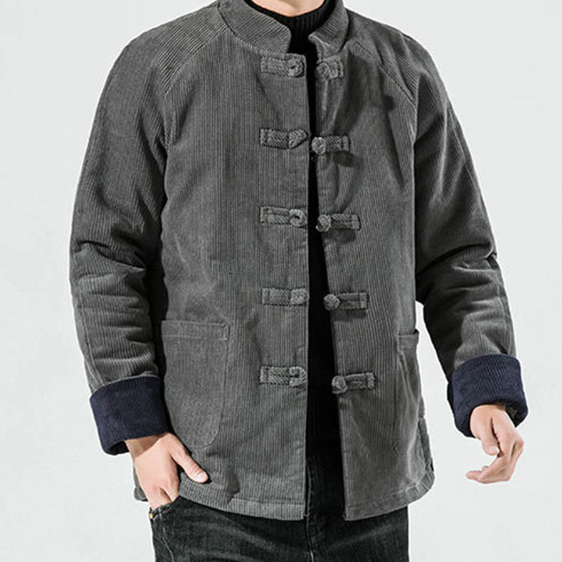 Frog-Button Chinese Tang Suit Stand Collar Long Shirt Corduroy Men Cotton Jacket Clothing