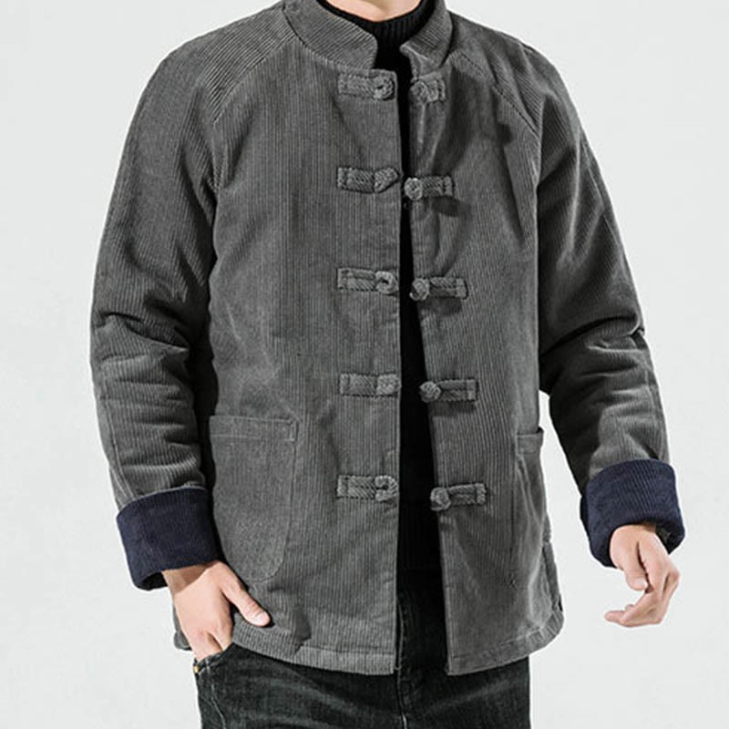 Frog-Button Chinese Tang Suit Stand Collar Long Shirt Corduroy Men Cotton Jacket Clothing