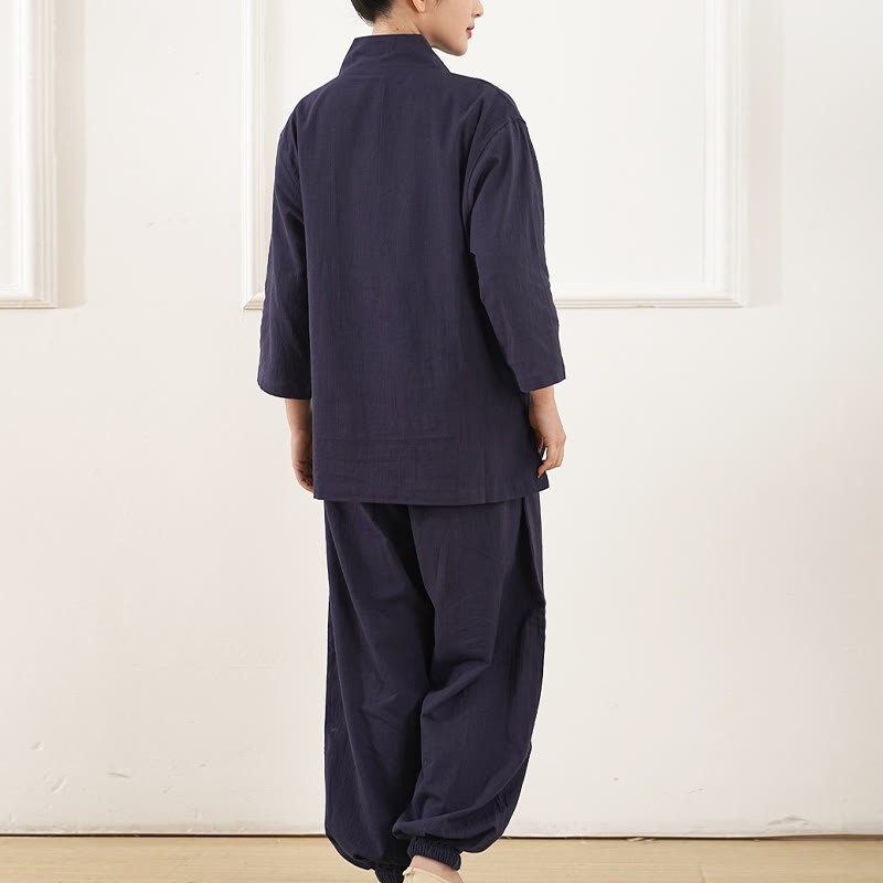 2Pcs V-Neck Three Quarter Sleeve Shirt Top Pants Meditation Zen Tai Chi Cotton Linen Clothing Women's Set