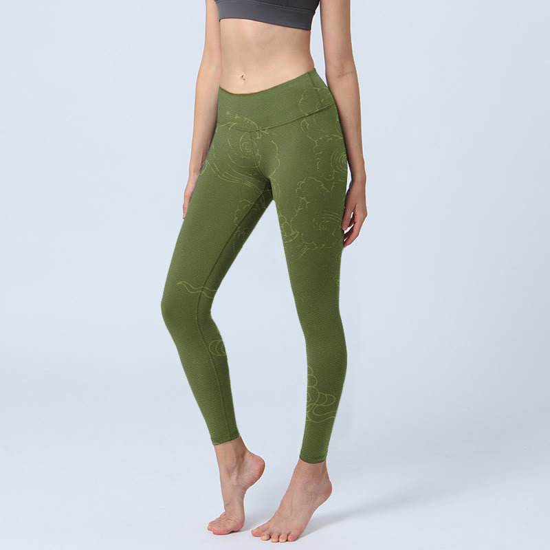Green Auspicious Cloud Waves Print Gym Leggings Women's Yoga Pants