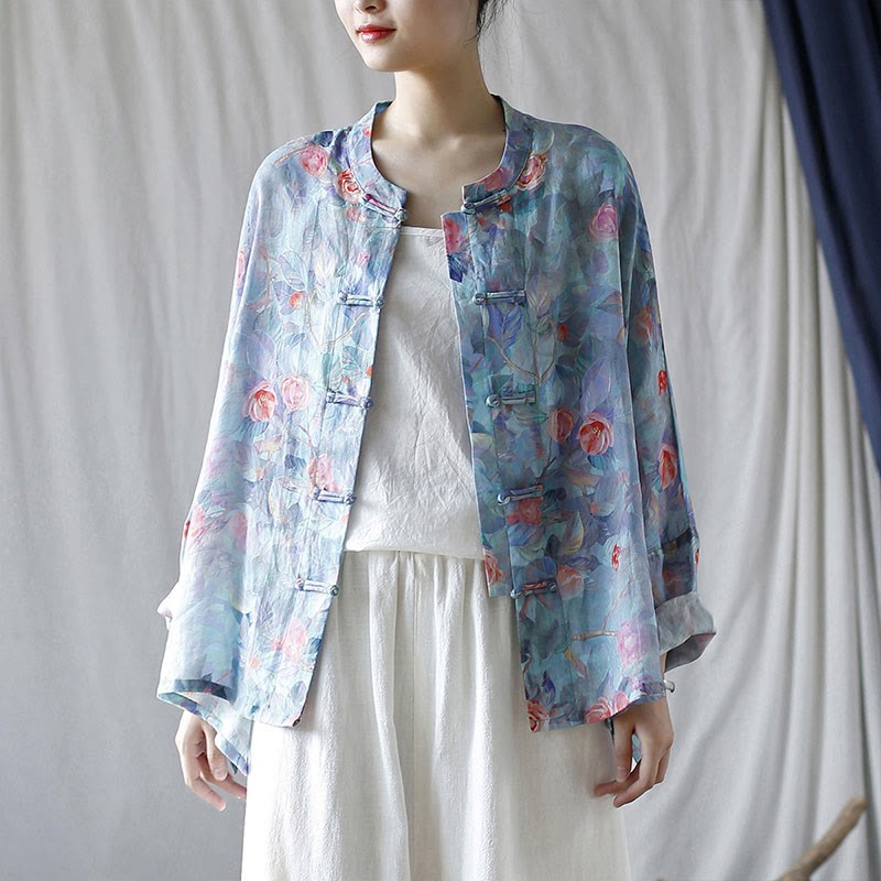 Pink Flowers Green Leaves Print Frog-button Design Long Sleeve Ramie Linen Jacket Shirt