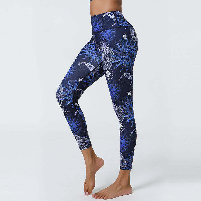 Flowers Feathers Sun Moon Print Sports Fitness Yoga High Waist Leggings Women's Pants