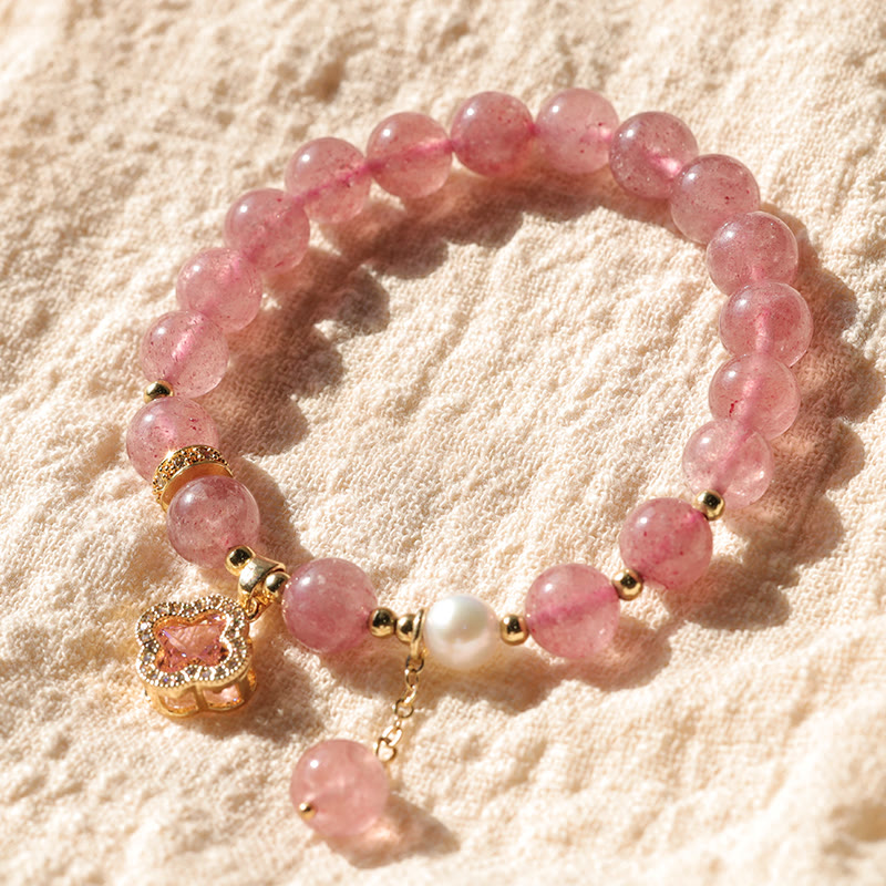 Strawberry Quartz Pearl Four Leaf Clover Charm Healing Bracelet