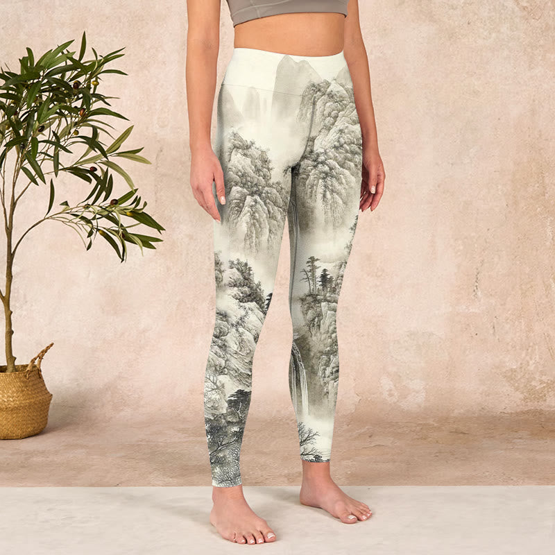 Mountain Tree River Scenery Print Sports Leggings Women's Yoga Pants